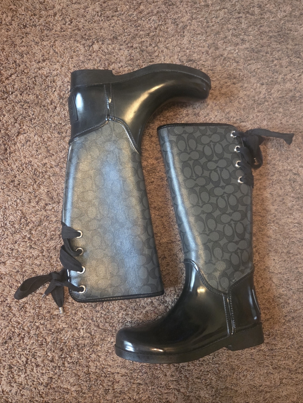 Coach Black Signature Logo Rain Boots with Lace-Up Detail